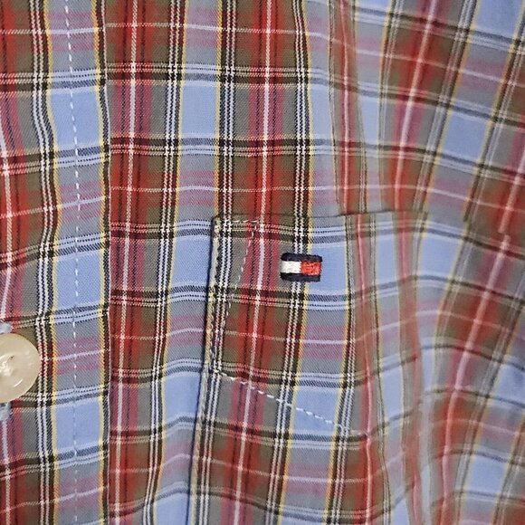 Tommy Hilfiger Mens Red Light Blue Plaid Long Sleeve Button Down Small - Picture 3 of 5